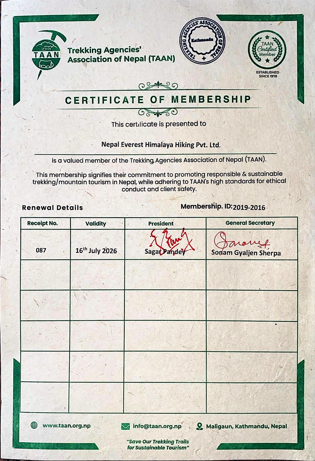 Member of Trekking Agencies Association of Nepal  